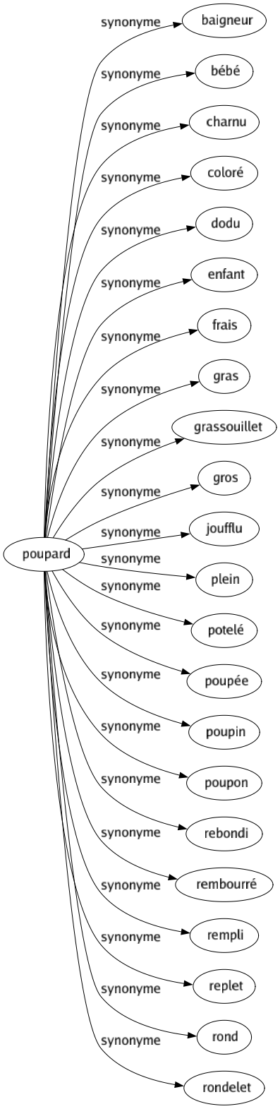 Synonyme de Poupard : Baigneur Bébé Charnu Coloré Dodu Enfant Frais Gras Grassouillet Gros Joufflu Plein Potelé Poupée Poupin Poupon Rebondi Rembourré Rempli Replet Rond Rondelet 