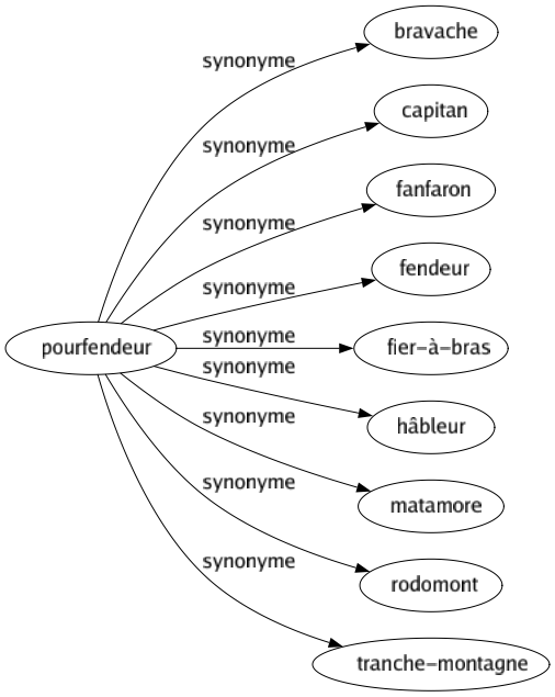 Synonyme de Pourfendeur : Bravache Capitan Fanfaron Fendeur Fier-à-bras Hâbleur Matamore Rodomont Tranche-montagne 