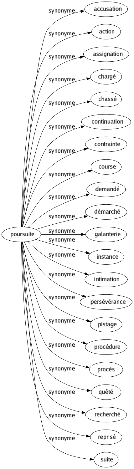 Synonyme de Poursuite : Accusation Action Assignation Chargé Chassé Continuation Contrainte Course Demandé Démarché Galanterie Instance Intimation Persévérance Pistage Procédure Procès Quêté Recherché Reprisé Suite 
