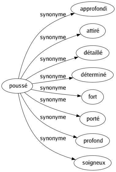 Synonyme de Poussé : Approfondi Attiré Détaillé Déterminé Fort Porté Profond Soigneux 