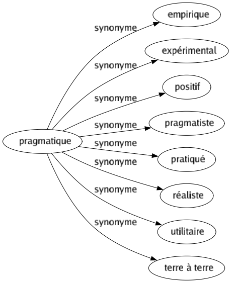 Synonyme de Pragmatique : Empirique Expérimental Positif Pragmatiste Pratiqué Réaliste Utilitaire Terre à terre 