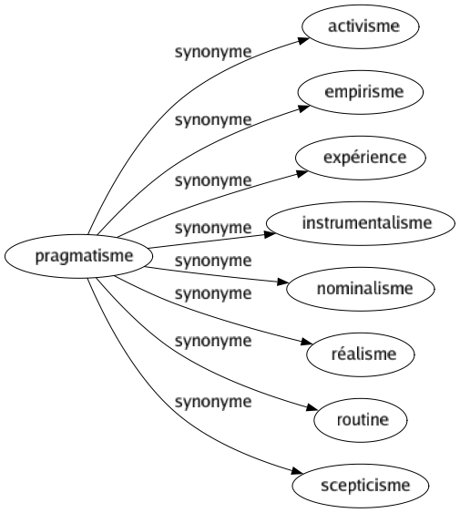 Synonyme de Pragmatisme : Activisme Empirisme Expérience Instrumentalisme Nominalisme Réalisme Routine Scepticisme 