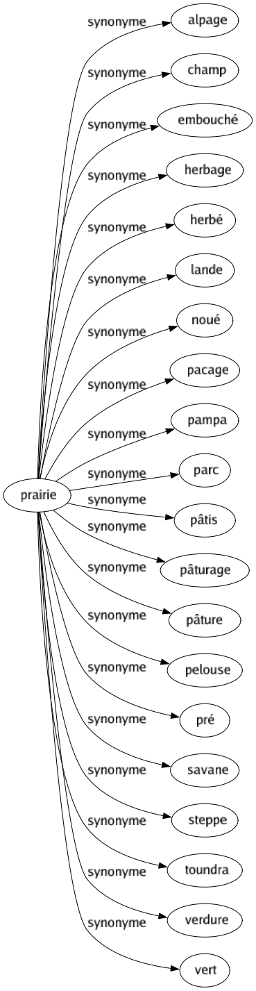 Synonyme de Prairie : Alpage Champ Embouché Herbage Herbé Lande Noué Pacage Pampa Parc Pâtis Pâturage Pâture Pelouse Pré Savane Steppe Toundra Verdure Vert 