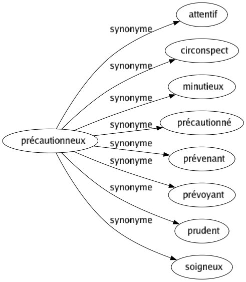 Synonyme de Précautionneux : Attentif Circonspect Minutieux Précautionné Prévenant Prévoyant Prudent Soigneux 