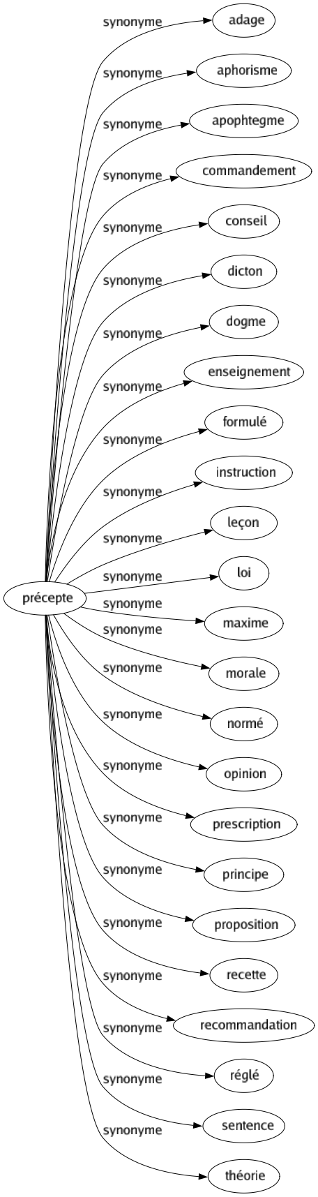Synonyme de Précepte : Adage Aphorisme Apophtegme Commandement Conseil Dicton Dogme Enseignement Formulé Instruction Leçon Loi Maxime Morale Normé Opinion Prescription Principe Proposition Recette Recommandation Réglé Sentence Théorie 