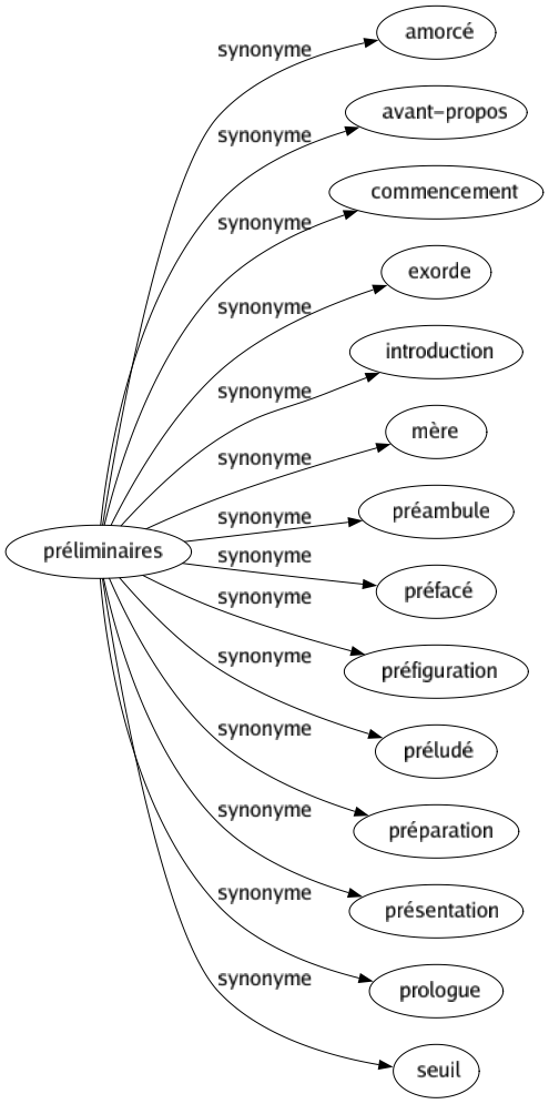 Synonyme de Préliminaires : Amorcé Avant-propos Commencement Exorde Introduction Mère Préambule Préfacé Préfiguration Préludé Préparation Présentation Prologue Seuil 