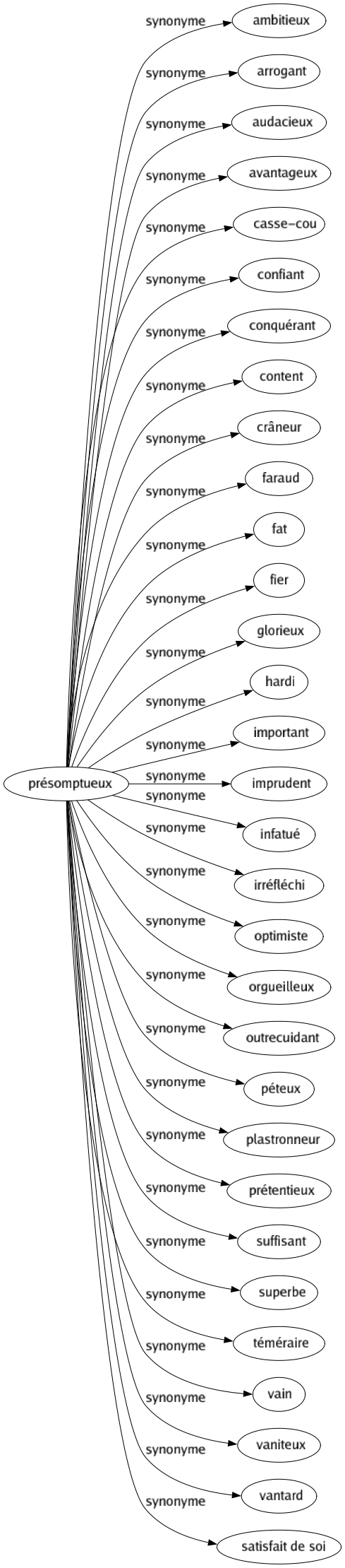 Synonyme de Présomptueux : Ambitieux Arrogant Audacieux Avantageux Casse-cou Confiant Conquérant Content Crâneur Faraud Fat Fier Glorieux Hardi Important Imprudent Infatué Irréfléchi Optimiste Orgueilleux Outrecuidant Péteux Plastronneur Prétentieux Suffisant Superbe Téméraire Vain Vaniteux Vantard Satisfait de soi 