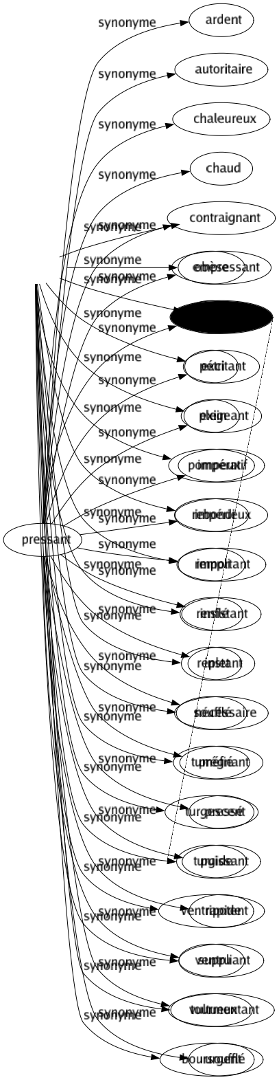 Synonyme de Pressant : Ardent Autoritaire Chaleureux Chaud Contraignant Empressant Envahissant Excitant Exigeant Impératif Impérieux Important Insistant Instant Nécessaire Prégnant Pressé Puissant Rapide Suppliant Tourmentant Urgent 