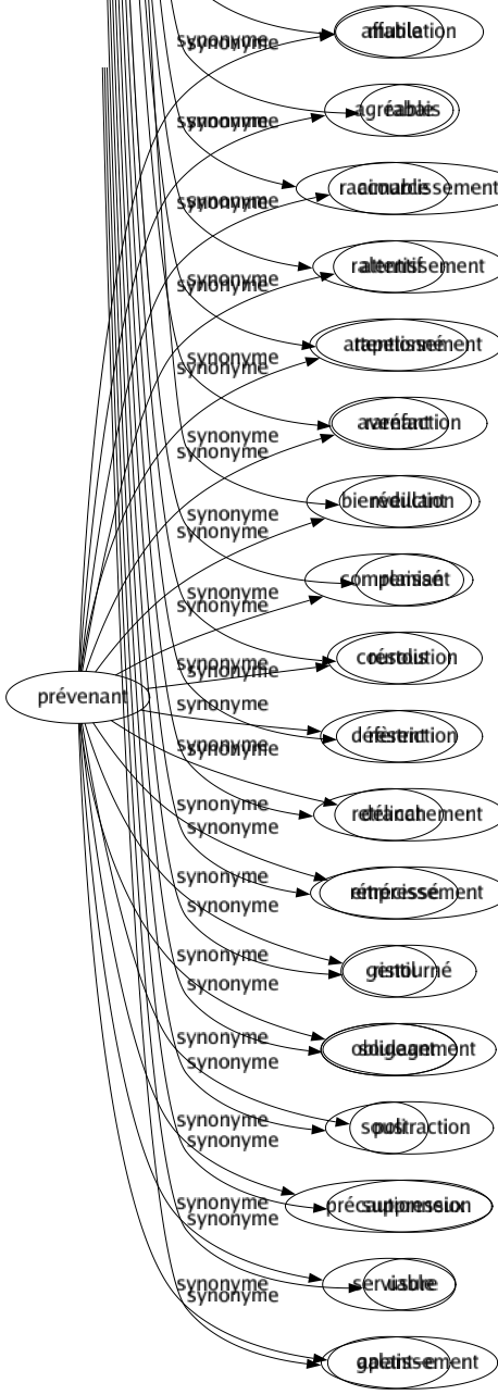 Synonyme de Prévenant : Affable Agréable Aimable Attentif Attentionné Avenant Bienveillant Complaisant Courtois Défèrent Délicat Empressé Gentil Obligeant Poli Précautionneux Serviable Galant-e 