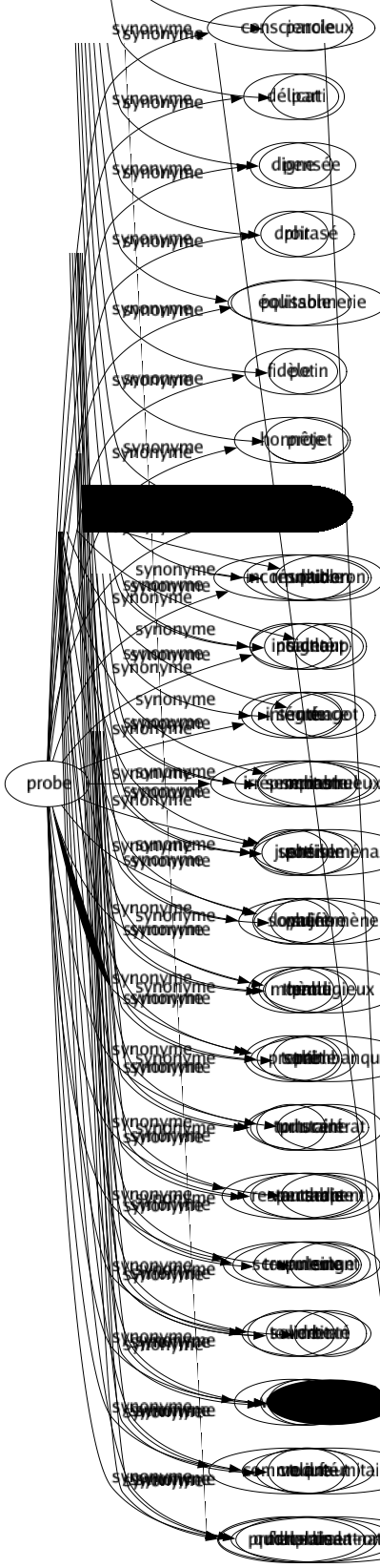 Synonyme de Probe : Consciencieux Délicat Digne Droit Équitable Fidèle Honnête Impartial Incorruptible Intact Intégré Irréprochable Juste Loyal Moral Propre Pur Respectable Scrupuleux Solide Vertueux Comme il faut Prudhomme 