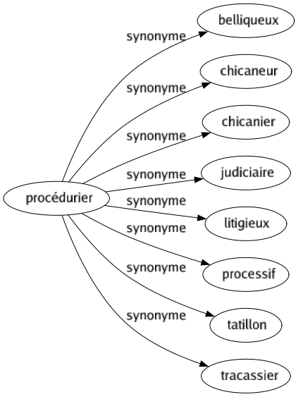 Synonyme de Procédurier : Belliqueux Chicaneur Chicanier Judiciaire Litigieux Processif Tatillon Tracassier 