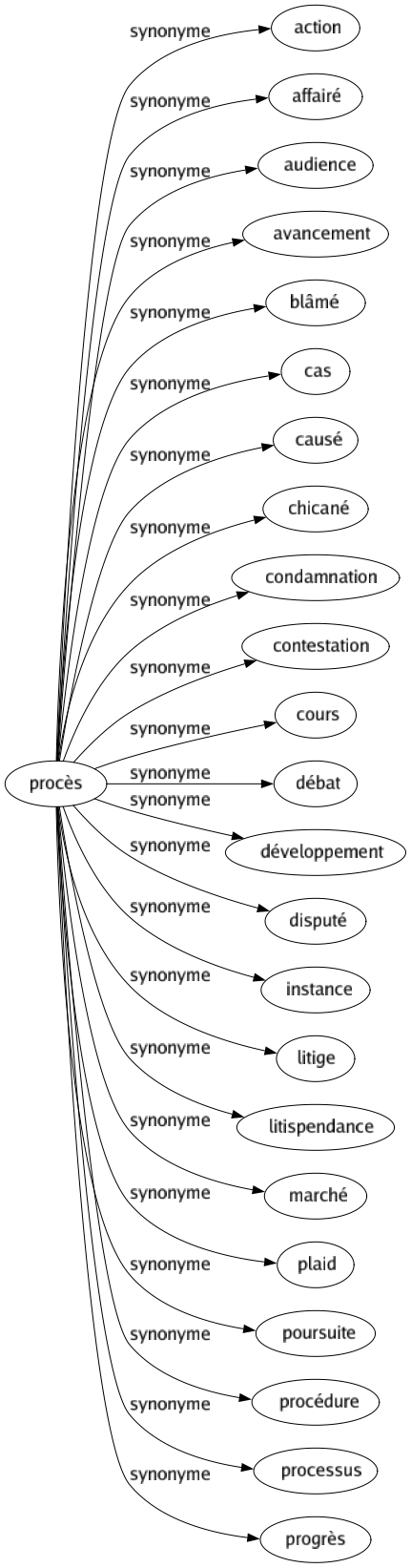 Synonyme de Procès : Action Affairé Audience Avancement Blâmé Cas Causé Chicané Condamnation Contestation Cours Débat Développement Disputé Instance Litige Litispendance Marché Plaid Poursuite Procédure Processus Progrès 