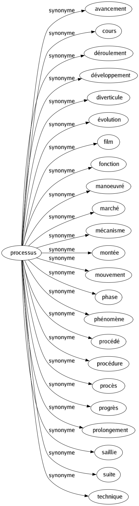 Synonyme de Processus : Avancement Cours Déroulement Développement Diverticule Évolution Film Fonction Manoeuvré Marché Mécanisme Montée Mouvement Phase Phénomène Procédé Procédure Procès Progrès Prolongement Saillie Suite Technique 