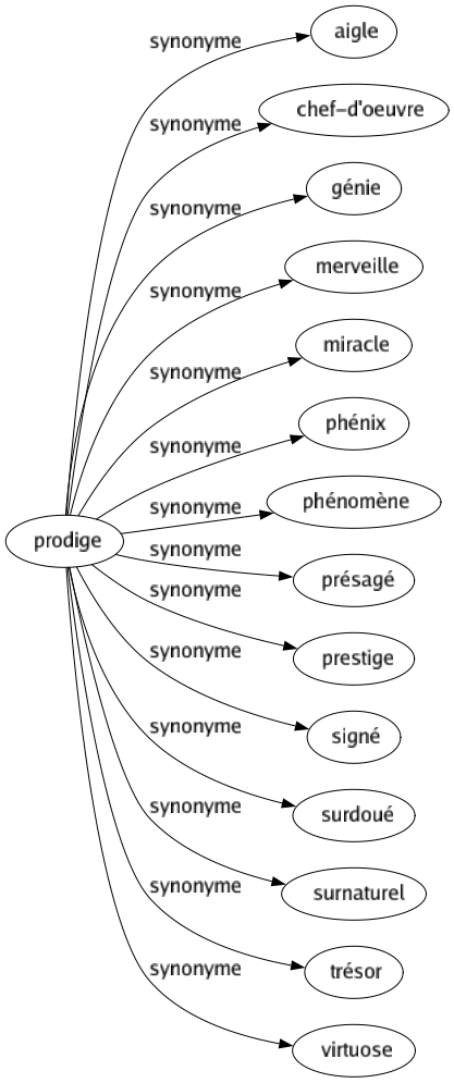 Synonyme de Prodige : Aigle Chef-d'oeuvre Génie Merveille Miracle Phénix Phénomène Présagé Prestige Signé Surdoué Surnaturel Trésor Virtuose 