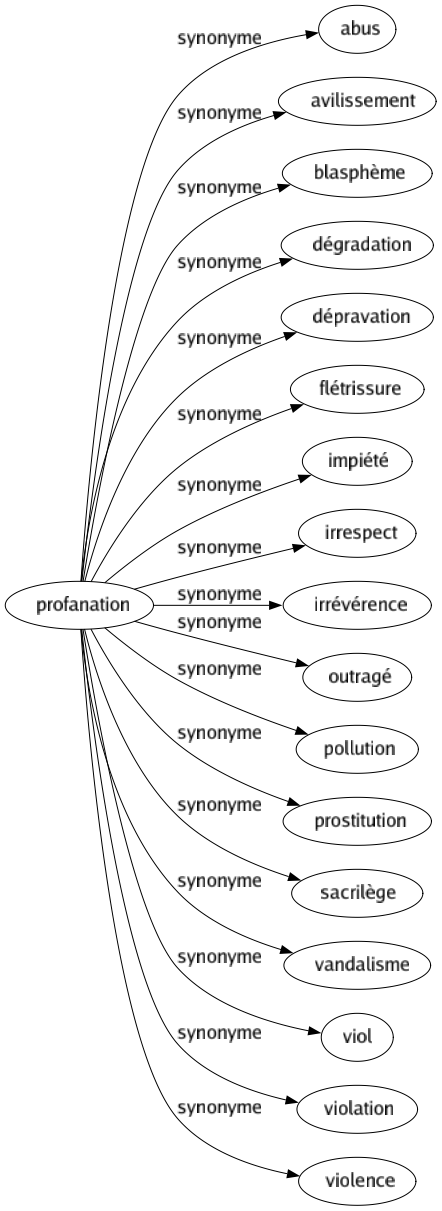 Synonyme de Profanation : Abus Avilissement Blasphème Dégradation Dépravation Flétrissure Impiété Irrespect Irrévérence Outragé Pollution Prostitution Sacrilège Vandalisme Viol Violation Violence 