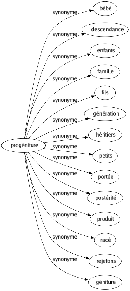 Synonyme de Progéniture : Bébé Descendance Enfants Famille Fils Génération Héritiers Petits Portée Postérité Produit Racé Rejetons Géniture 