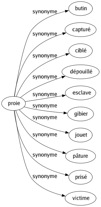 Synonyme de Proie : Butin Capturé Ciblé Dépouillé Esclave Gibier Jouet Pâture Prisé Victime 