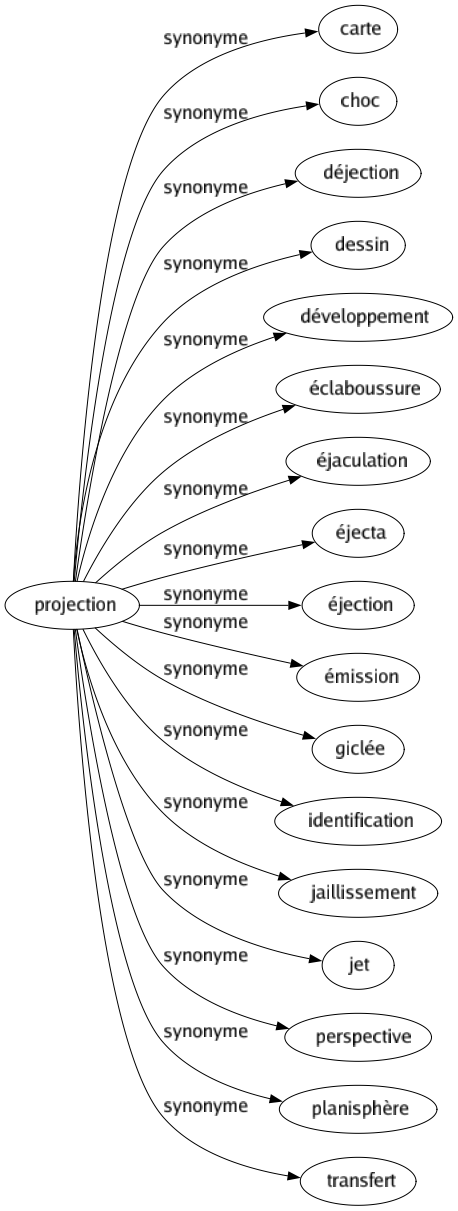 Synonyme de Projection : Carte Choc Déjection Dessin Développement Éclaboussure Éjaculation Éjecta Éjection Émission Giclée Identification Jaillissement Jet Perspective Planisphère Transfert 