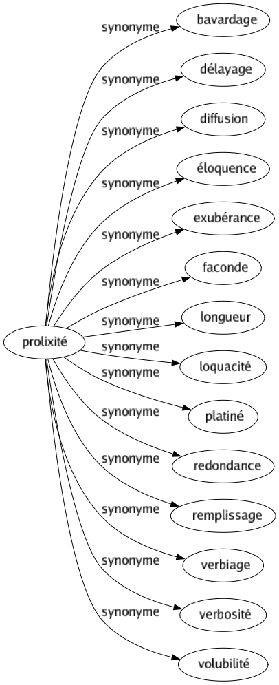 Synonyme de Prolixité : Bavardage Délayage Diffusion Éloquence Exubérance Faconde Longueur Loquacité Platiné Redondance Remplissage Verbiage Verbosité Volubilité 