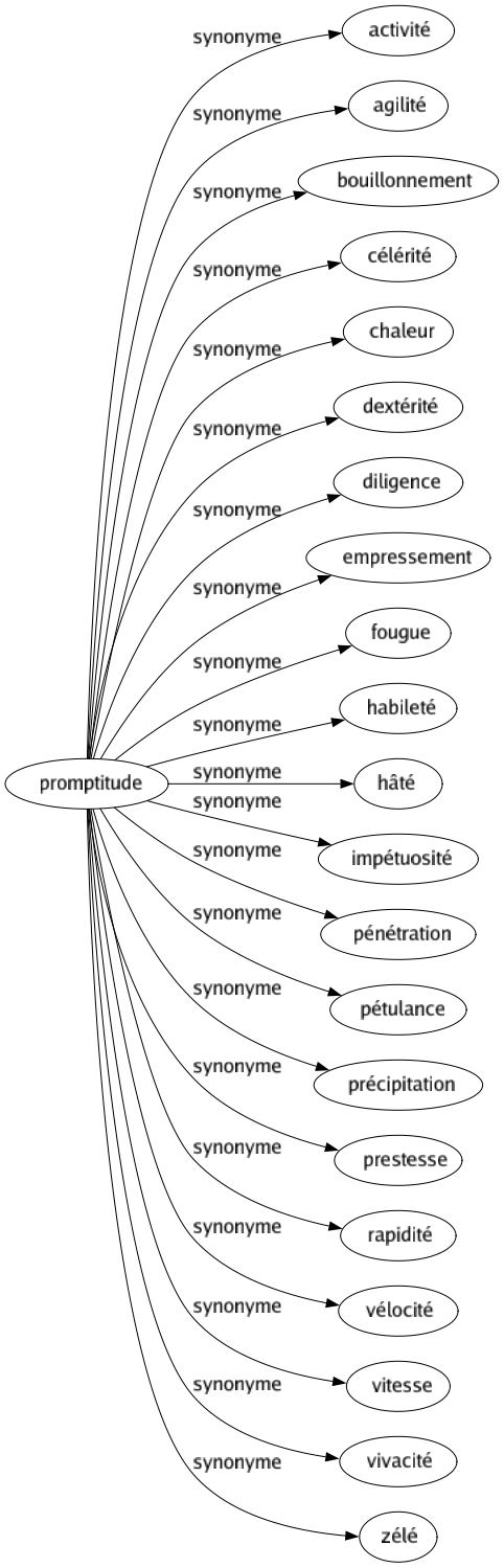 Synonyme de Promptitude : Activité Agilité Bouillonnement Célérité Chaleur Dextérité Diligence Empressement Fougue Habileté Hâté Impétuosité Pénétration Pétulance Précipitation Prestesse Rapidité Vélocité Vitesse Vivacité Zélé 