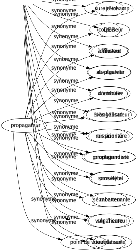 Synonyme de Propagateur : Apôtre Colporteur Diffuseur Divulgateur Doctrinaire Évangélisateur Missionnaire Propagandiste Prosélyte Rabatteur Vulgarisateur Zélateur 