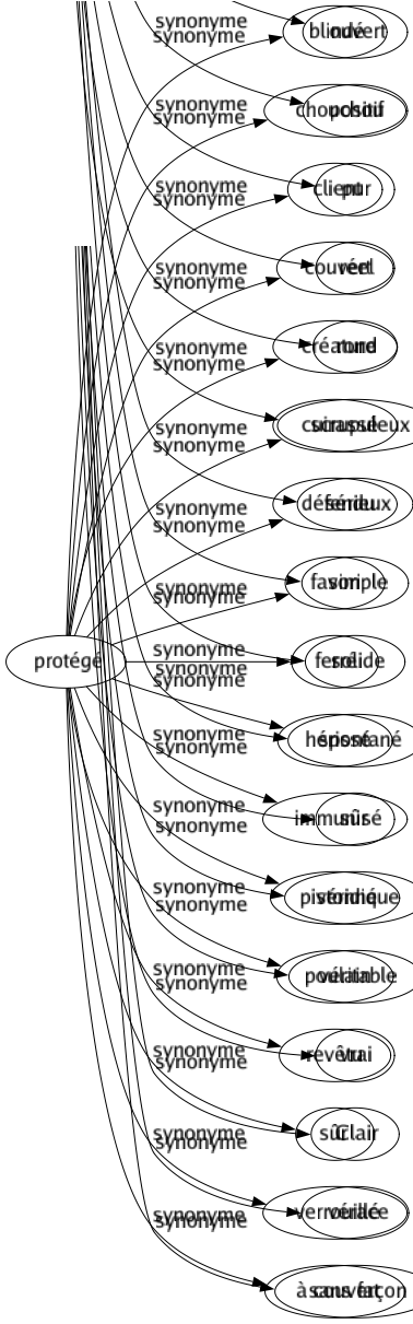 Synonyme de Protégé : Blindé Chouchou Client Couvert Créature Cuirassé Défendu Favori Ferré Hérissé Immunisé Pistonné Poulain Revêtu Sûr Verrouillé À couvert 