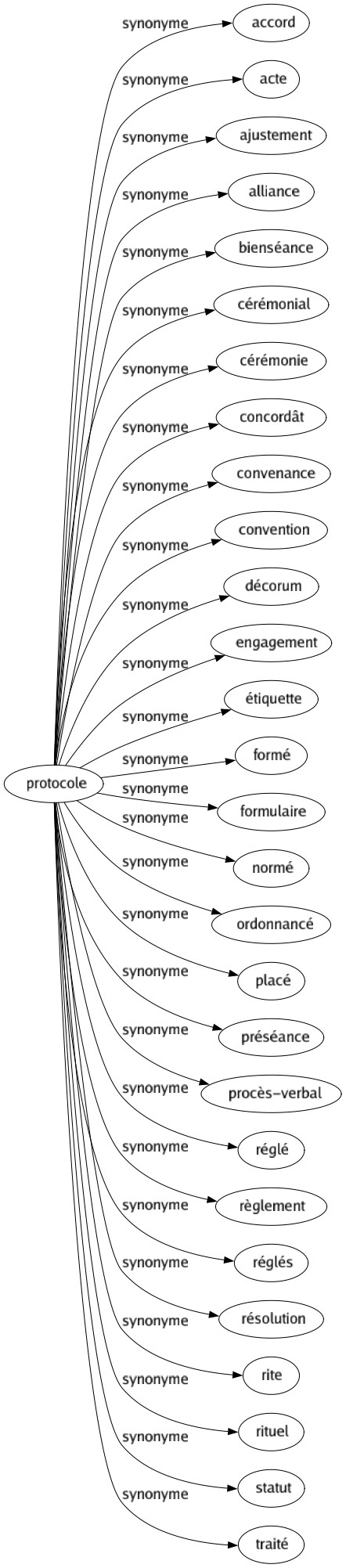 Synonyme de Protocole : Accord Acte Ajustement Alliance Bienséance Cérémonial Cérémonie Concordât Convenance Convention Décorum Engagement Étiquette Formé Formulaire Normé Ordonnancé Placé Préséance Procès-verbal Réglé Règlement Réglés Résolution Rite Rituel Statut Traité 