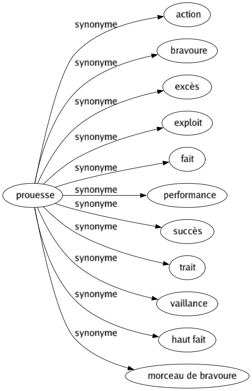 Synonyme de Prouesse : Action Bravoure Excès Exploit Fait Performance Succès Trait Vaillance Haut fait Morceau de bravoure 
