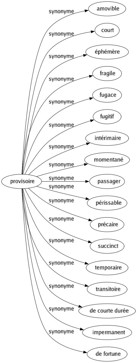Synonyme de Provisoire : Amovible Court Éphémère Fragile Fugace Fugitif Intérimaire Momentané Passager Périssable Précaire Succinct Temporaire Transitoire De courte durée Impermanent De fortune 