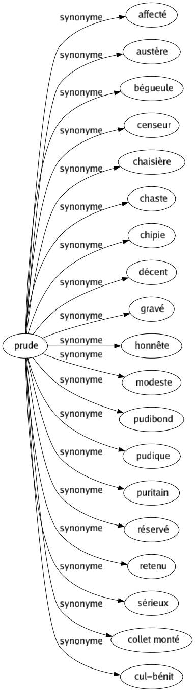 Synonyme de Prude : Affecté Austère Bégueule Censeur Chaisière Chaste Chipie Décent Gravé Honnête Modeste Pudibond Pudique Puritain Réservé Retenu Sérieux Collet monté Cul-bénit 