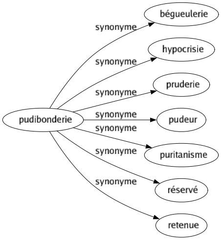 Synonyme de Pudibonderie : Bégueulerie Hypocrisie Pruderie Pudeur Puritanisme Réservé Retenue 