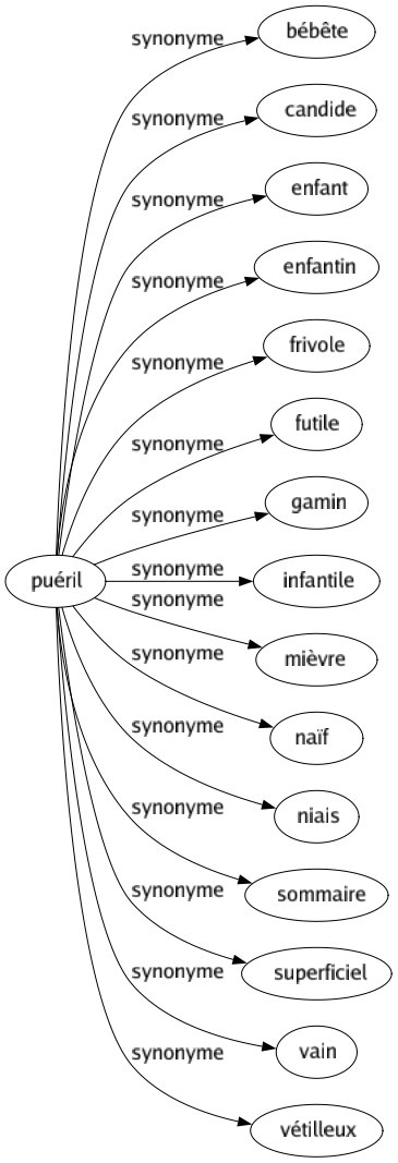 Synonyme de Puéril : Bébête Candide Enfant Enfantin Frivole Futile Gamin Infantile Mièvre Naïf Niais Sommaire Superficiel Vain Vétilleux 
