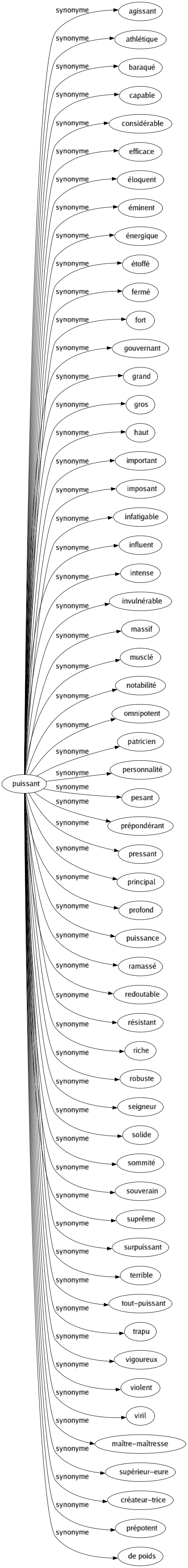 Synonyme de Puissant : Agissant Athlétique Baraqué Capable Considérable Efficace Éloquent Éminent Énergique Étoffé Fermé Fort Gouvernant Grand Gros Haut Important Imposant Infatigable Influent Intense Invulnérable Massif Musclé Notabilité Omnipotent Patricien Personnalité Pesant Prépondérant Pressant Principal Profond Puissance Ramassé Redoutable Résistant Riche Robuste Seigneur Solide Sommité Souverain Suprême Surpuissant Terrible Tout-puissant Trapu Vigoureux Violent Viril Maître-maîtresse Supérieur-eure Créateur-trice Prépotent De poids 