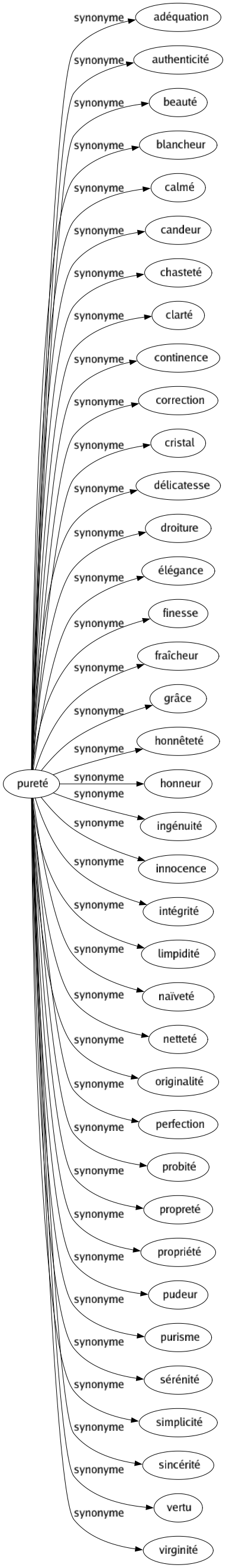 Synonyme de Pureté : Adéquation Authenticité Beauté Blancheur Calmé Candeur Chasteté Clarté Continence Correction Cristal Délicatesse Droiture Élégance Finesse Fraîcheur Grâce Honnêteté Honneur Ingénuité Innocence Intégrité Limpidité Naïveté Netteté Originalité Perfection Probité Propreté Propriété Pudeur Purisme Sérénité Simplicité Sincérité Vertu Virginité 