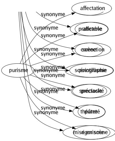 Synonyme de Purisme : Affectation Affeterie Correction Pointillisme Préciosité Pureté Rigorisme 