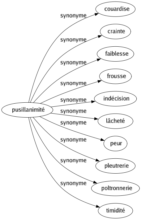 Synonyme de Pusillanimité : Couardise Crainte Faiblesse Frousse Indécision Lâcheté Peur Pleutrerie Poltronnerie Timidité 