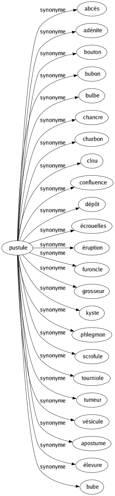Synonyme de Pustule : Abcès Adénite Bouton Bubon Bulbe Chancre Charbon Clou Confluence Dépôt Écrouelles Éruption Furoncle Grosseur Kyste Phlegmon Scrofule Tourniole Tumeur Vésicule Apostume Élevure Bube 