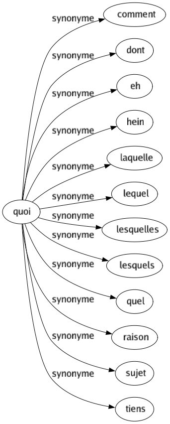 Synonyme de Quoi : Comment Dont Eh Hein Laquelle Lequel Lesquelles Lesquels Quel Raison Sujet Tiens 