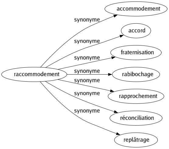 Synonyme de Raccommodement : Accommodement Accord Fraternisation Rabibochage Rapprochement Réconciliation Replâtrage 