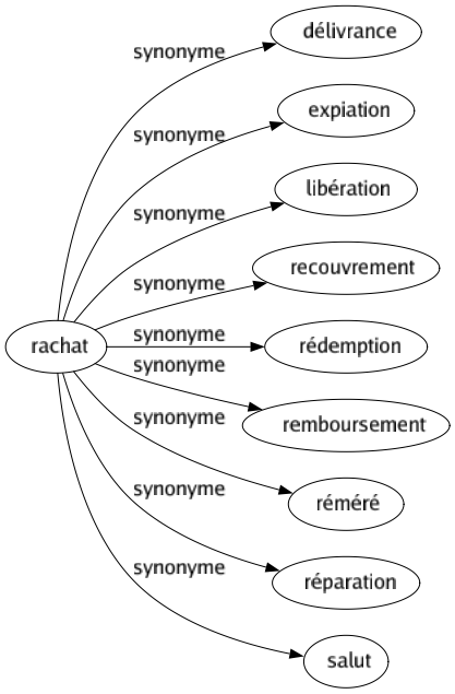 Synonyme de Rachat : Délivrance Expiation Libération Recouvrement Rédemption Remboursement Réméré Réparation Salut 