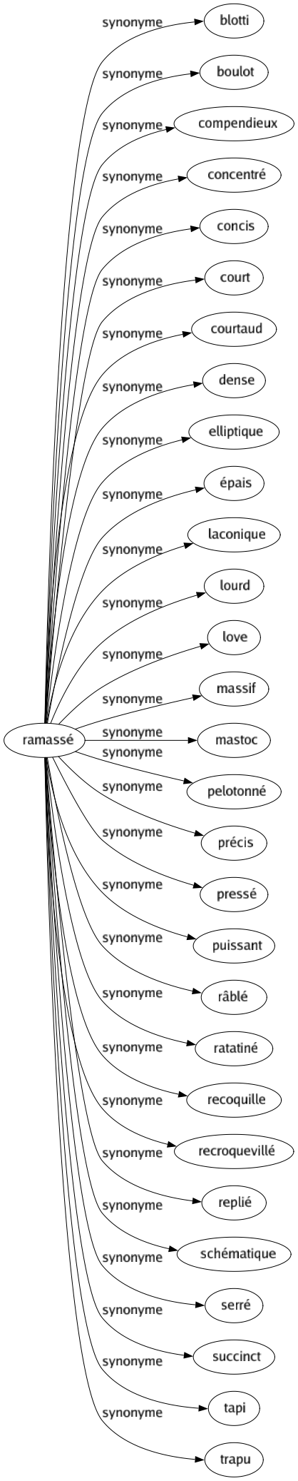 Synonyme de Ramassé : Blotti Boulot Compendieux Concentré Concis Court Courtaud Dense Elliptique Épais Laconique Lourd Love Massif Mastoc Pelotonné Précis Pressé Puissant Râblé Ratatiné Recoquille Recroquevillé Replié Schématique Serré Succinct Tapi Trapu 
