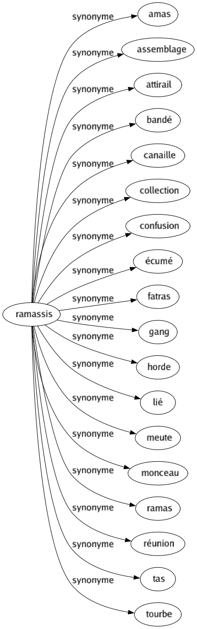 Synonyme de Ramassis : Amas Assemblage Attirail Bandé Canaille Collection Confusion Écumé Fatras Gang Horde Lié Meute Monceau Ramas Réunion Tas Tourbe 