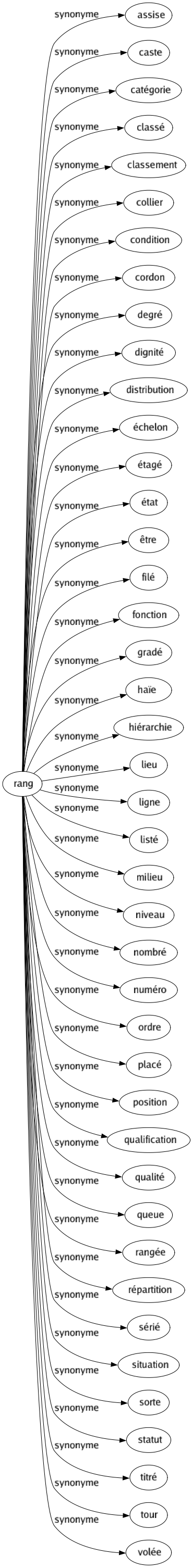 Synonyme de Rang : Assise Caste Catégorie Classé Classement Collier Condition Cordon Degré Dignité Distribution Échelon Étagé État Être Filé Fonction Gradé Haïe Hiérarchie Lieu Ligne Listé Milieu Niveau Nombré Numéro Ordre Placé Position Qualification Qualité Queue Rangée Répartition Sérié Situation Sorte Statut Titré Tour Volée 