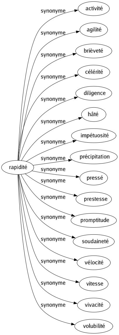 Synonyme de Rapidité : Activité Agilité Brièveté Célérité Diligence Hâté Impétuosité Précipitation Pressé Prestesse Promptitude Soudaineté Vélocité Vitesse Vivacité Volubilité 