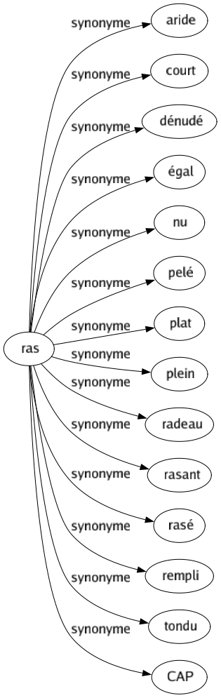 Synonyme de Ras : Aride Court Dénudé Égal Nu Pelé Plat Plein Radeau Rasant Rasé Rempli Tondu Cap 