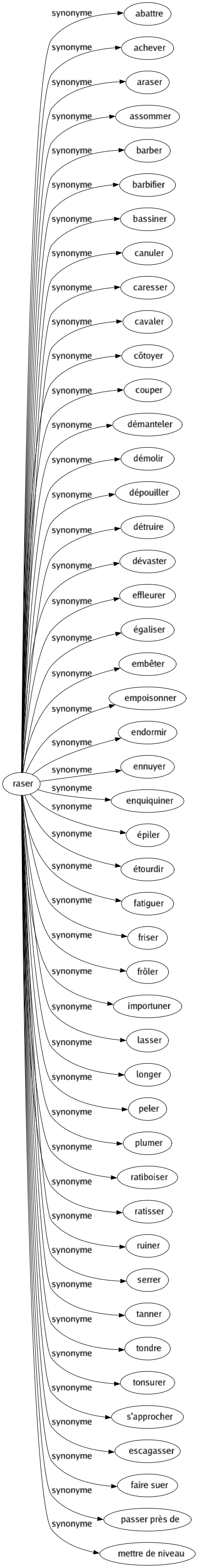 Synonyme de Raser : Abattre Achever Araser Assommer Barber Barbifier Bassiner Canuler Caresser Cavaler Côtoyer Couper Démanteler Démolir Dépouiller Détruire Dévaster Effleurer Égaliser Embêter Empoisonner Endormir Ennuyer Enquiquiner Épiler Étourdir Fatiguer Friser Frôler Importuner Lasser Longer Peler Plumer Ratiboiser Ratisser Ruiner Serrer Tanner Tondre Tonsurer S'approcher Escagasser Faire suer Passer près de Mettre de niveau 