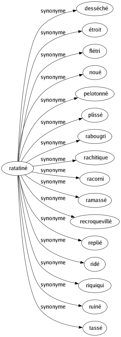 Synonyme de Ratatiné : Desséché Étroit Flétri Noué Pelotonné Plissé Rabougri Rachitique Racorni Ramassé Recroquevillé Replié Ridé Riquiqui Ruiné Tassé 