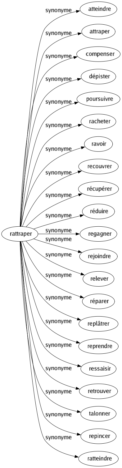 Synonyme de Rattraper : Atteindre Attraper Compenser Dépister Poursuivre Racheter Ravoir Recouvrer Récupérer Réduire Regagner Rejoindre Relever Réparer Replâtrer Reprendre Ressaisir Retrouver Talonner Repincer Ratteindre 