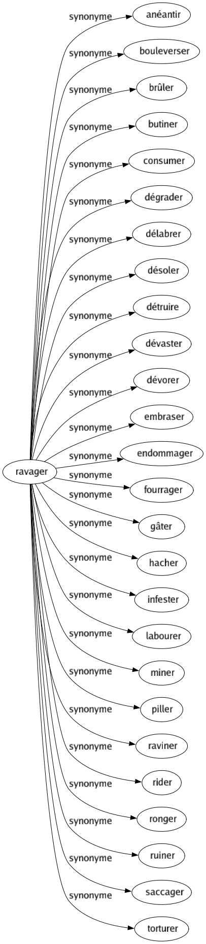 Synonyme de Ravager : Anéantir Bouleverser Brûler Butiner Consumer Dégrader Délabrer Désoler Détruire Dévaster Dévorer Embraser Endommager Fourrager Gâter Hacher Infester Labourer Miner Piller Raviner Rider Ronger Ruiner Saccager Torturer 