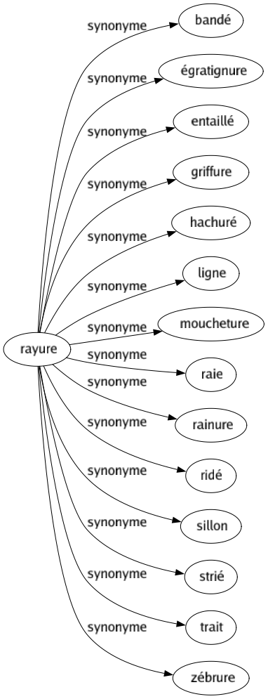 Synonyme de Rayure : Bandé Égratignure Entaillé Griffure Hachuré Ligne Moucheture Raie Rainure Ridé Sillon Strié Trait Zébrure 
